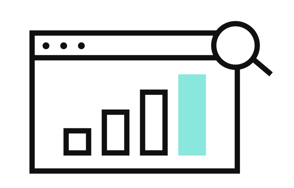 An icon that displays bar graphs in a UI and a magnifying glass above them