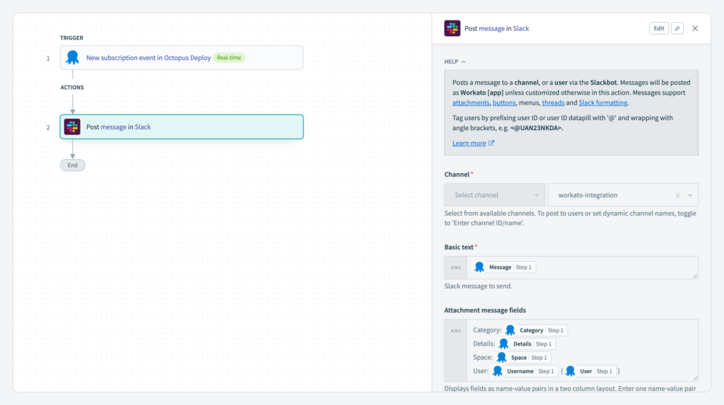 A product screenshot of a workflow between Slack and Octopus Deploy