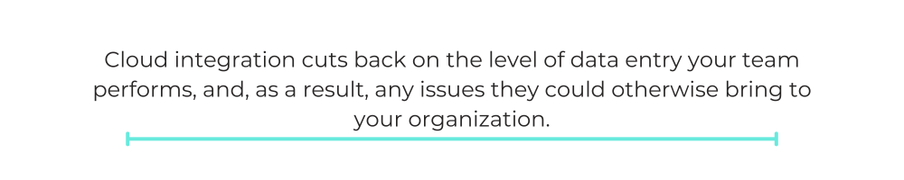 Cloud integration cuts back on the level of data entry your team performs, and, as a result, any issues they could otherwise bring to your organization.