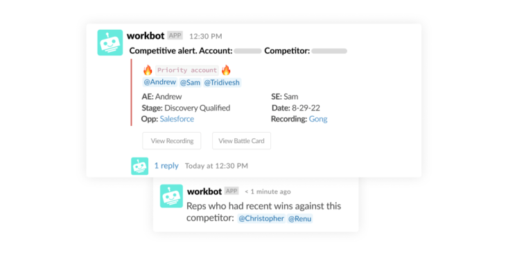 A screenshot of a message from Workbot that tells a sales rep about  colleagues who've won deals against a certain competitor