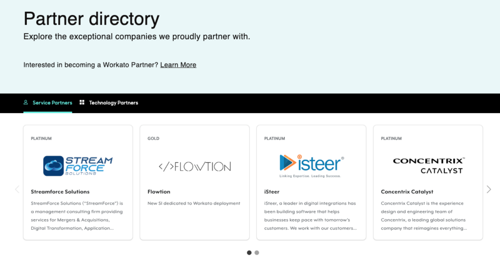 A screenshot of Workato’s partner directory page