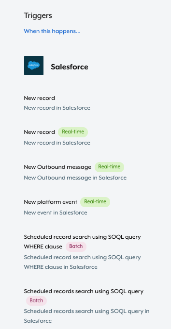 A look at some of the triggers offered by Workato's Salesforce Connector