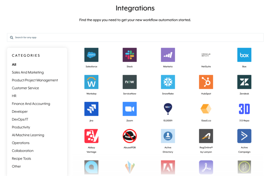 A screenshot of Workato’s application connector library; it allows prospects and clients to find specific applications that have a connector, either by searching for it or by clicking through to specific categories.