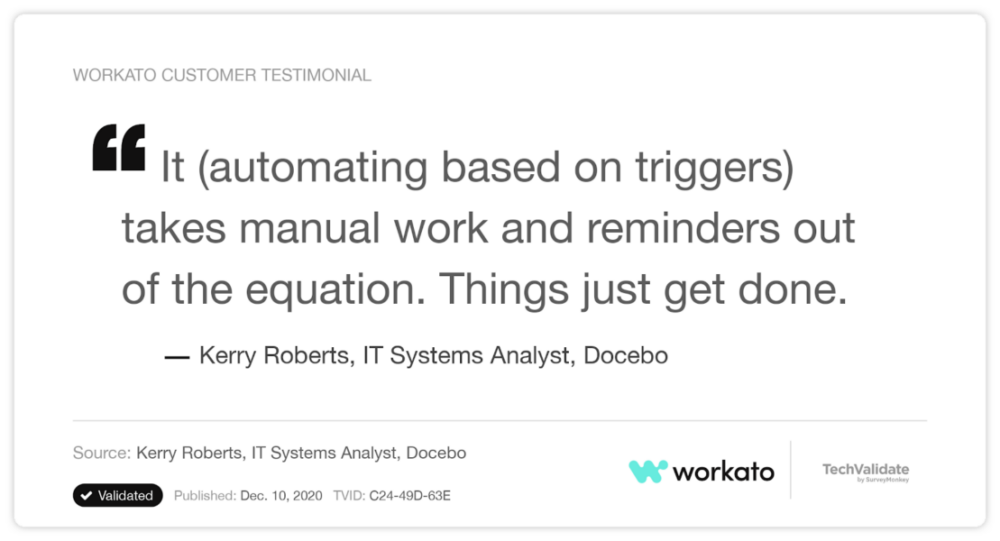 A customer testimonial that cites Workato's ability to streamline manual tasks