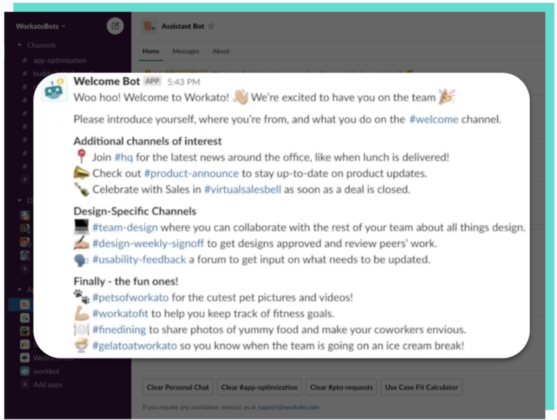 A Slack message from Welcome Bot that's sent on an employee's first day