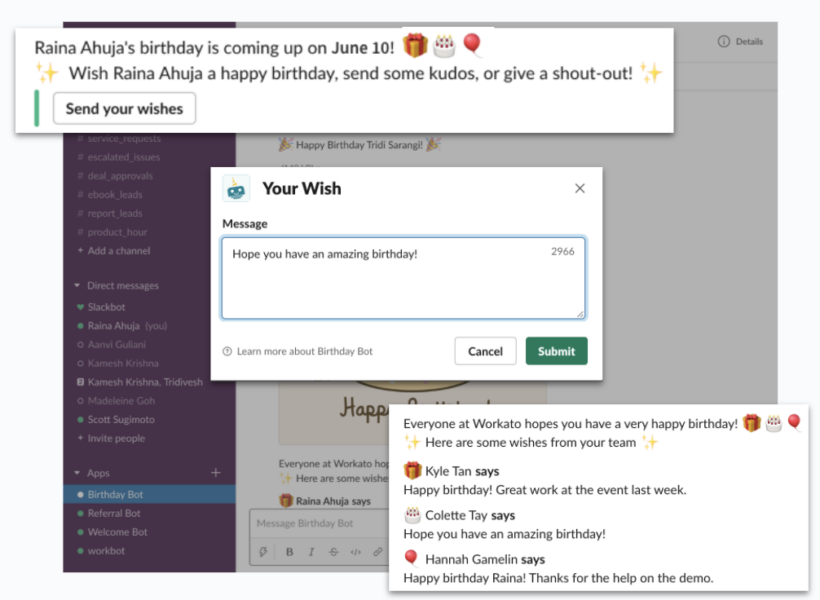 A Slack message from Birthday Bot that's asking an employee to submit a birthday wish for a colleague