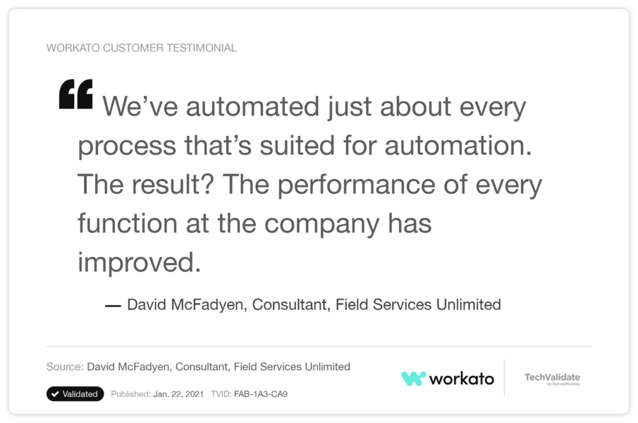 A customer testimonial that cites Workato's versatility as a platform