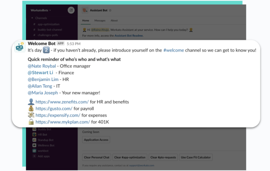 A Slack message from Welcome Bot that's sent on an employee's second day