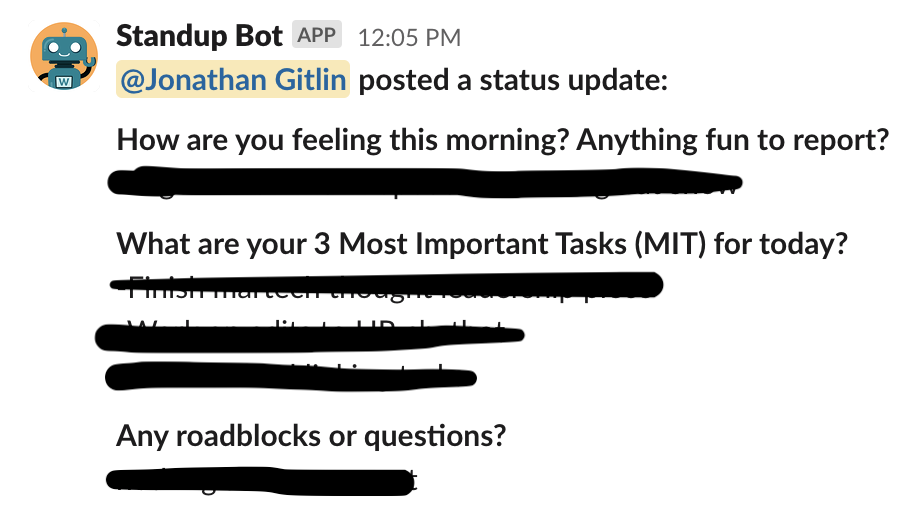 A screenshot of how Workato uses Standup Bot. 