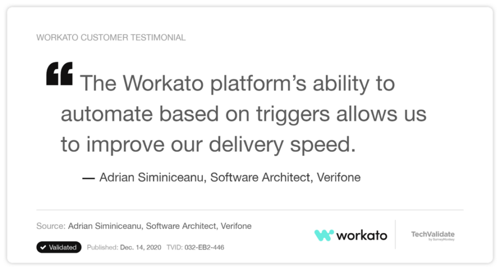 A customer testimonial that cites Workato's ability to improve their organization's delivery speed