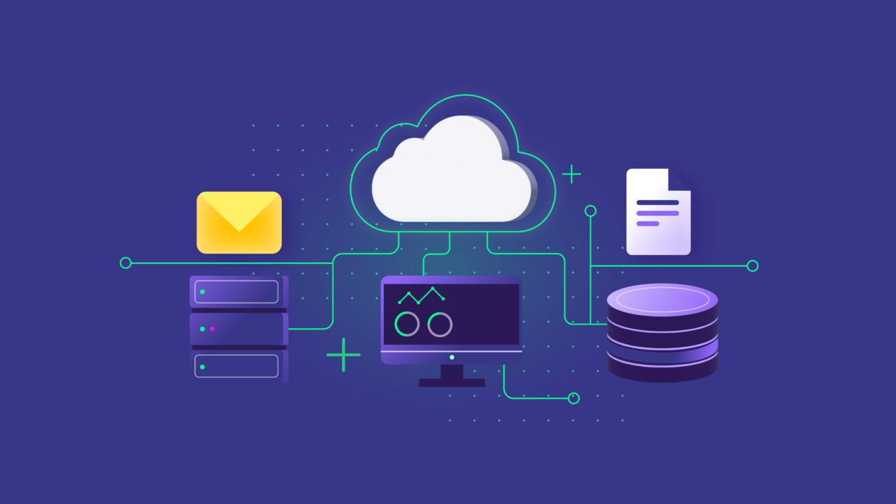 Diagram showing a cloud connected to icons representing mail, a server, a computer, a database & a document