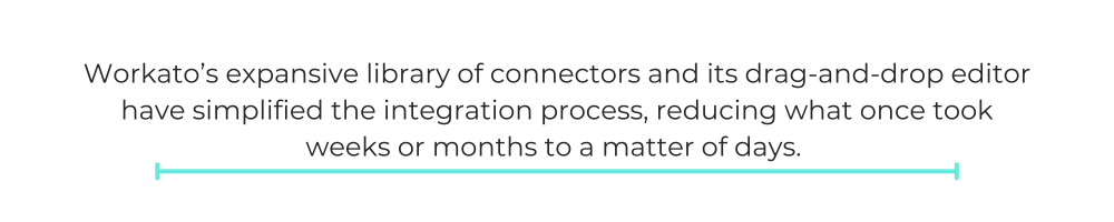 Workato’s expansive library of connectors and its drag-and-drop editor have simplified the integration process, reducing what once took weeks or months to a matter of days.