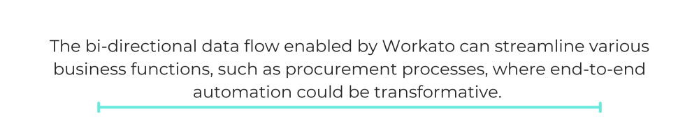 The bi-directional data flow enabled by Workato can streamline various business functions, such as procurement processes, where end-to-end automation could be transformative.