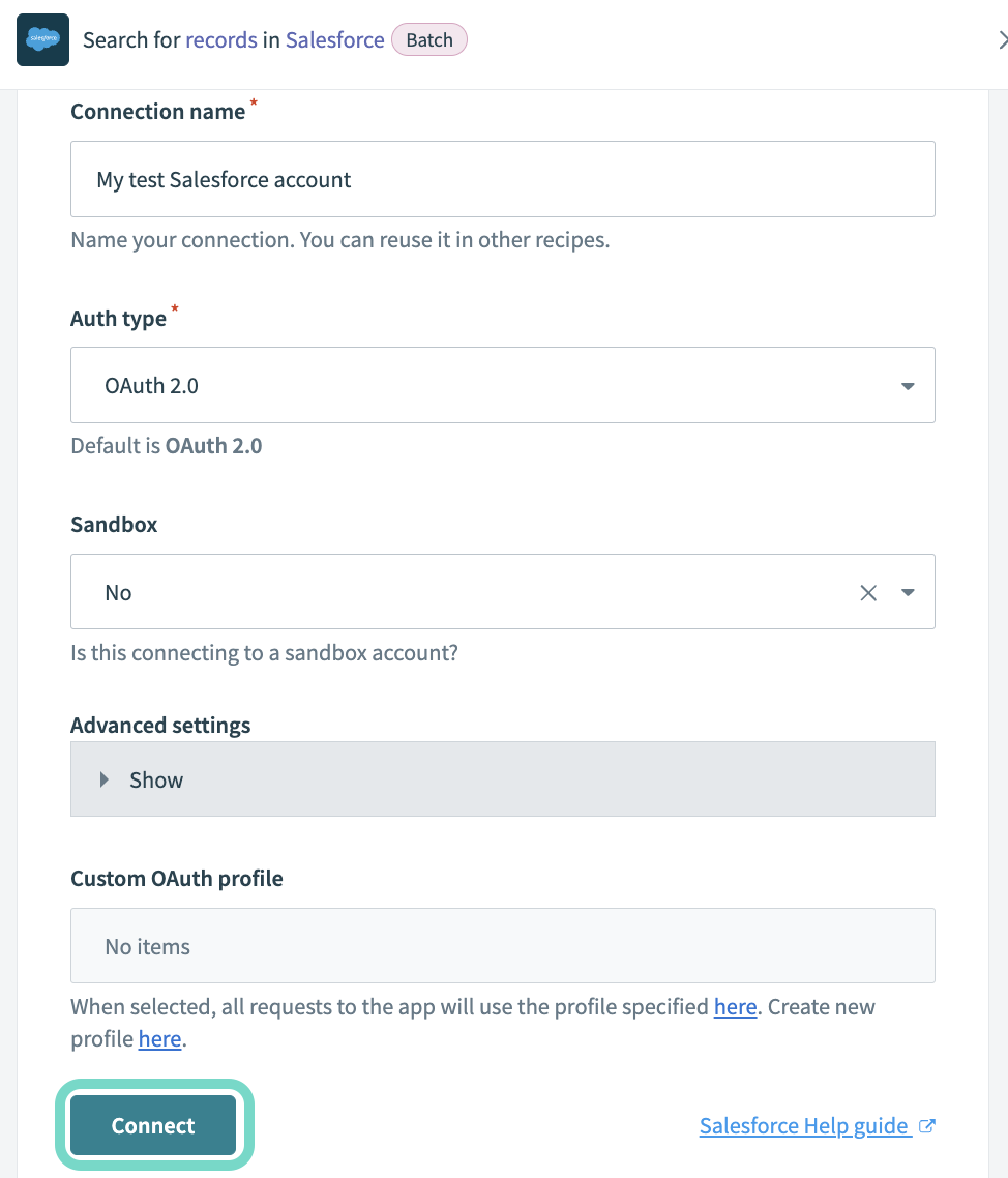 Screenshot: connecting Salesforce