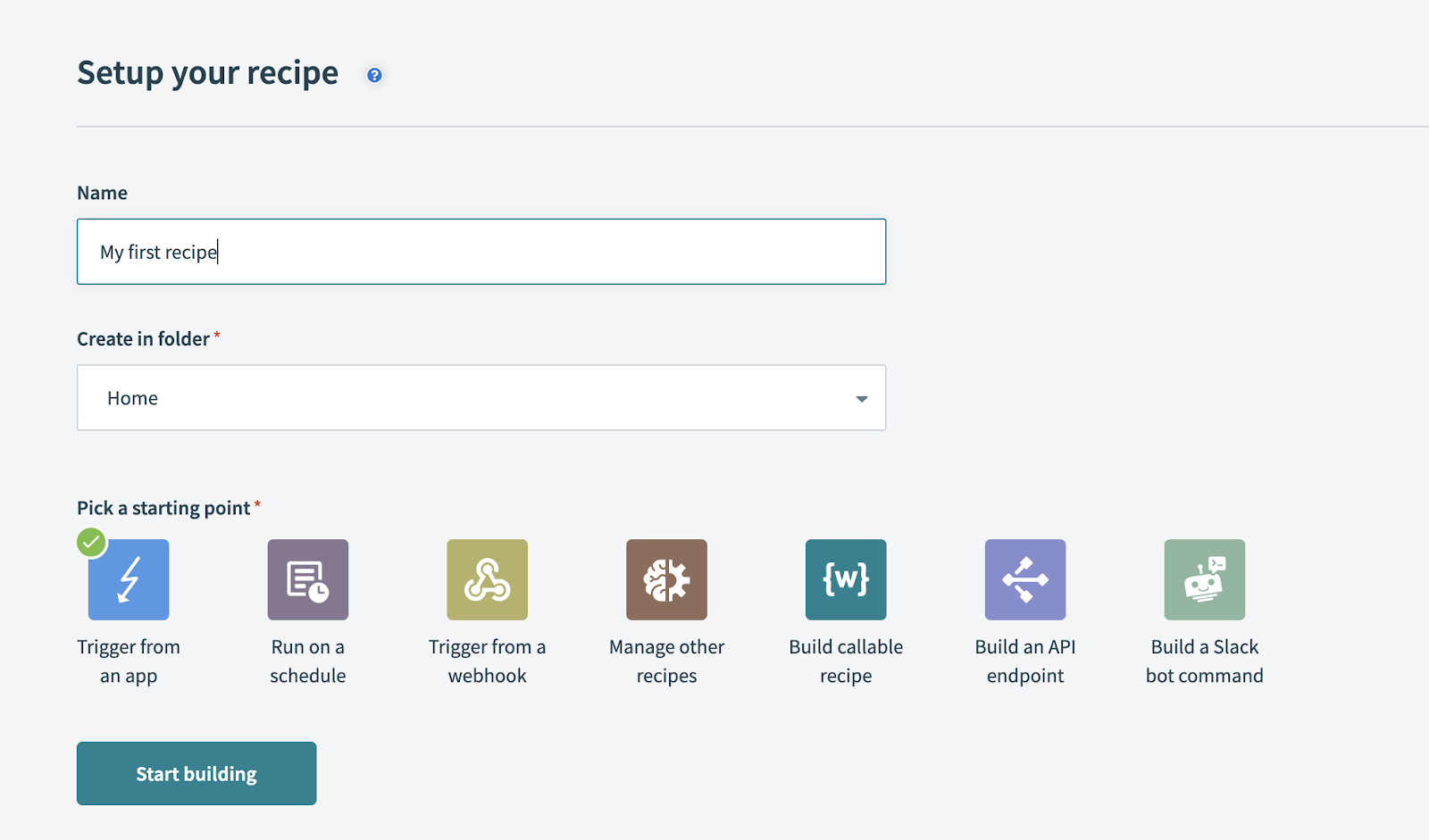 Screenshot: setting up a recipe in Workato