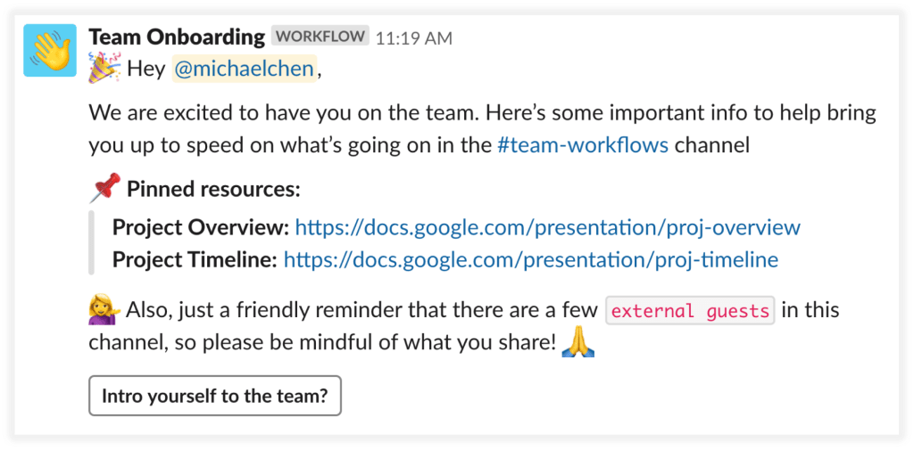 Automated Slack message from Team Onboarding