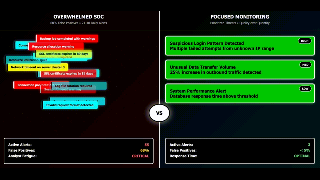 Infographic showing "Overwhelmed SOC" vs. "Focused Monitoring"