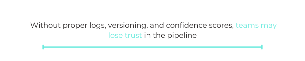 Without proper logs, versioning, and confidence scores, teams may lose trust in the pipeline.