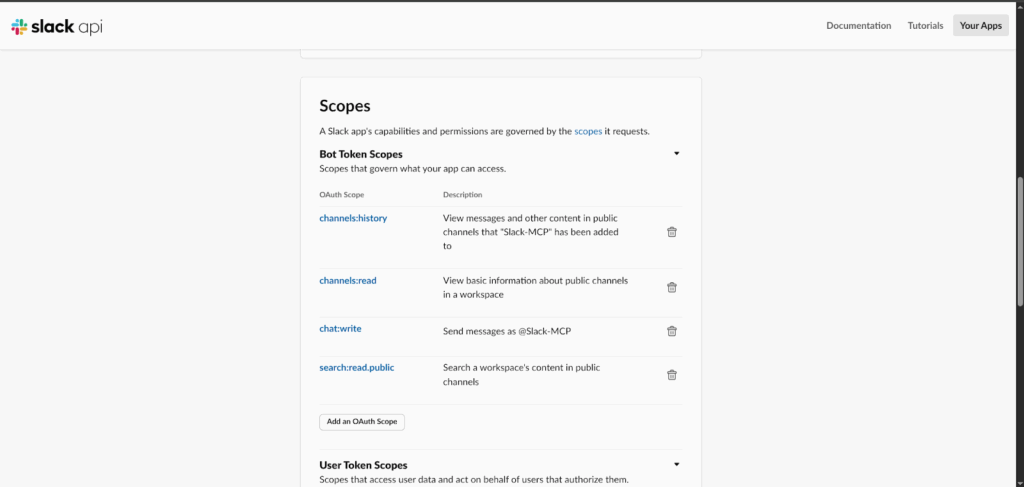 Assign bot token scopes