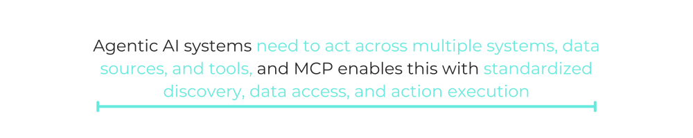Agentic AI systems need to act across multiple systems, data sources, and tools, and MCP enables this with standardized discovery, data access, and action execution